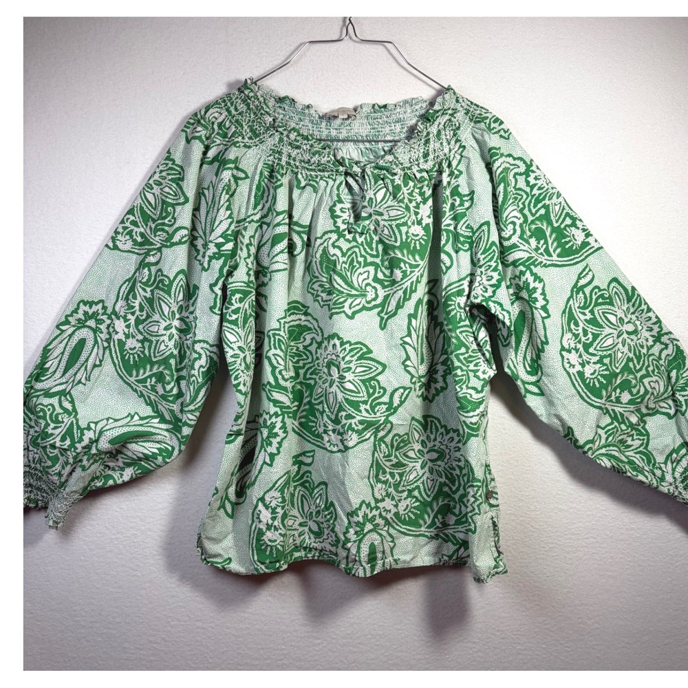 Milano Italy Blouse Womens 36 Green Excellent Smocked Paisley Peasant Top